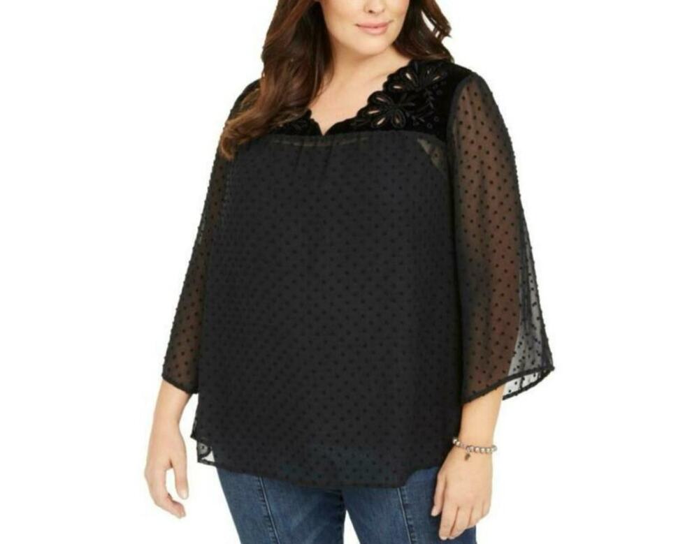 Style & Co Blouse Women's Size 0X Black Sheer Velvet Eylet Dot Top Plus Size NWT